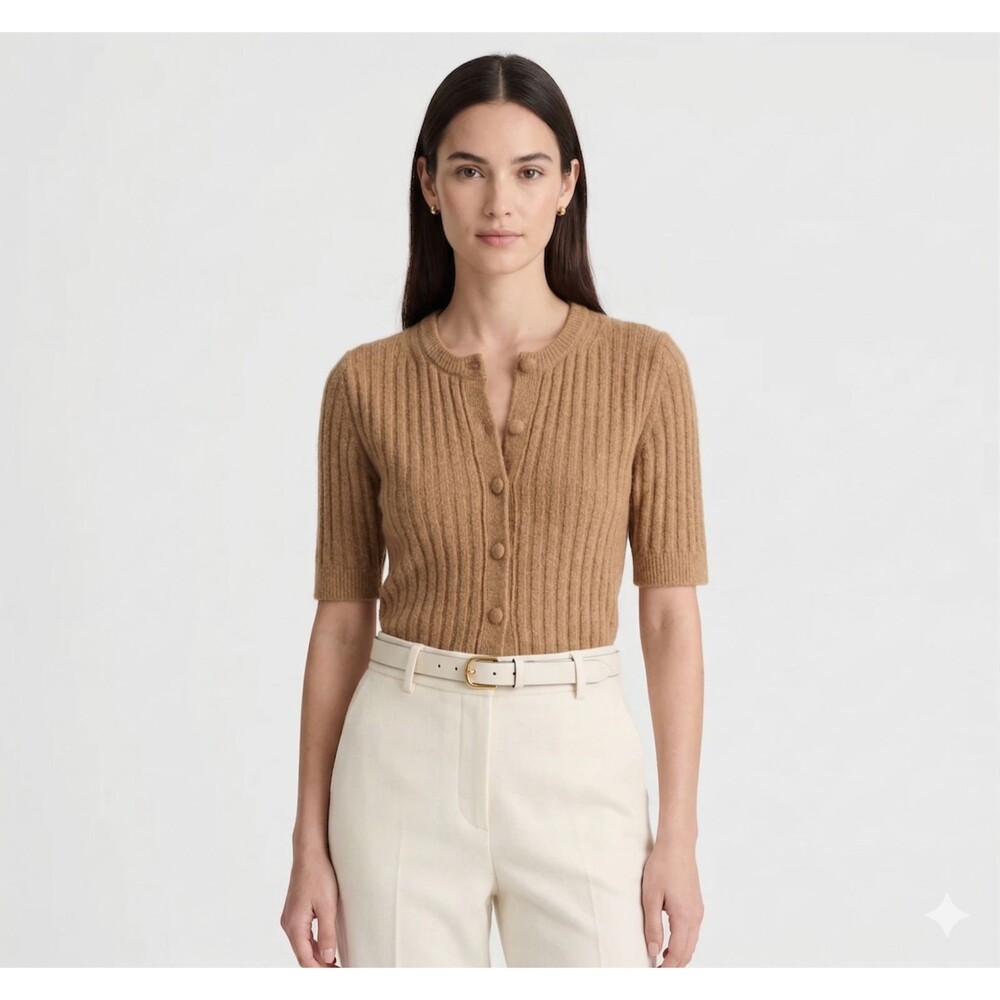 MADEWELL Women's Puff-Sleeve Cardigan Camel Tan Button Up Size Small